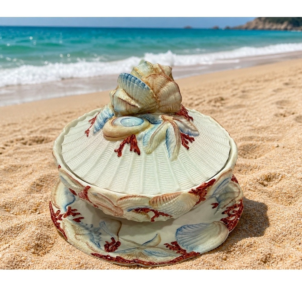 Vintage Savile Row Italy Seashell Ceramic Soup Tureen with Underplate Set